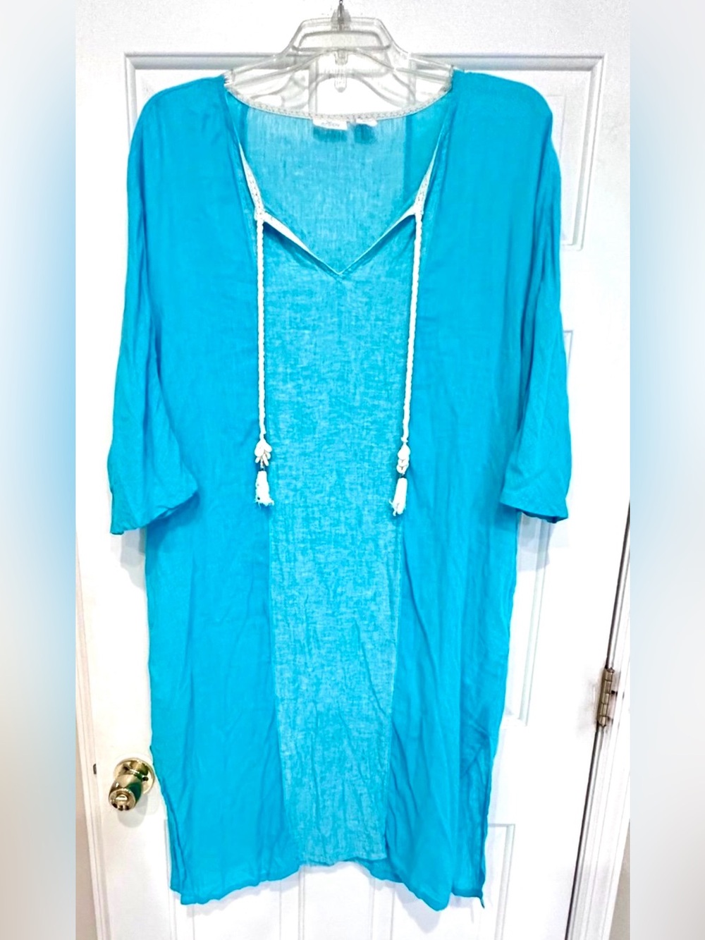 Sigrid Olsen Turquoise Caftan Cover-Up Linen Blend Tassel Tie Pockets
